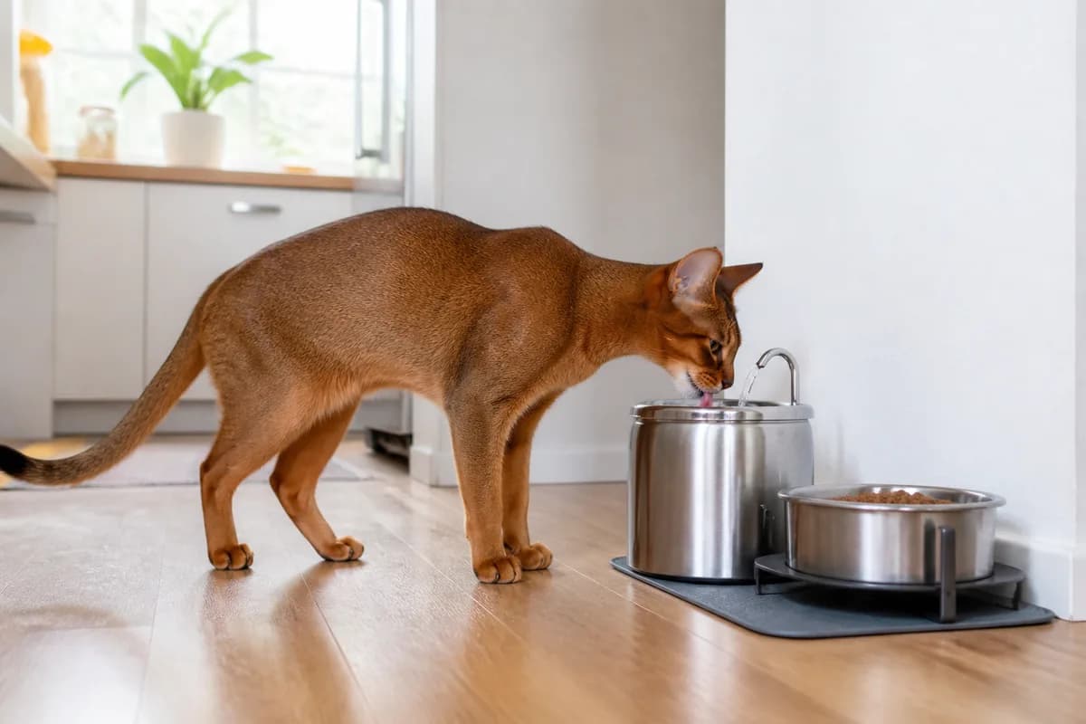 Abyssinian drinking from a stainless steel fountain beside a separate measured feeding station