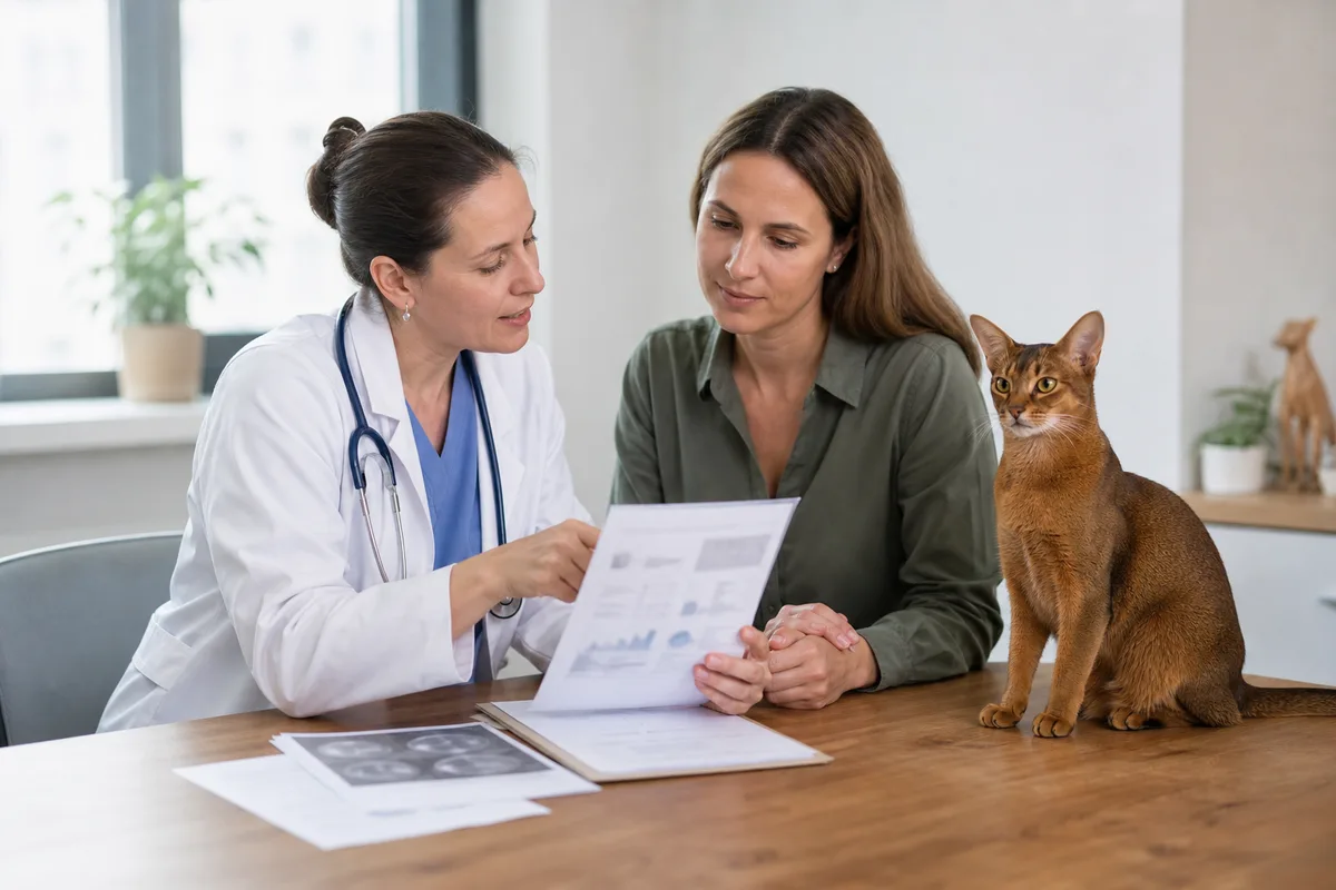 Veterinarian reviewing an Abyssinian genetic test report and eye examination notes with the owner while private details are obscured
