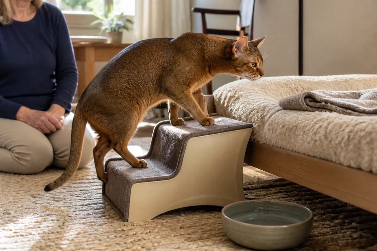 Senior Abyssinian using low steps to reach a warm bed in an accessible room with water nearby