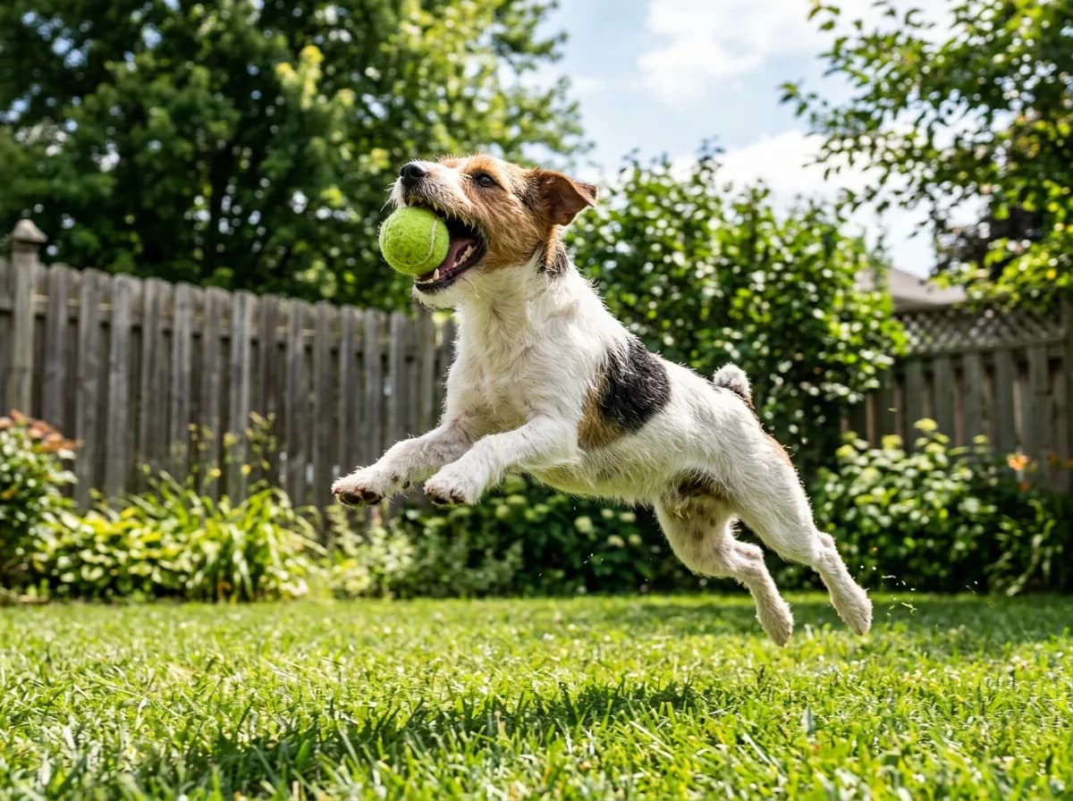 Energetic Jack Russell terrier leaping to catch a ball in a backyard