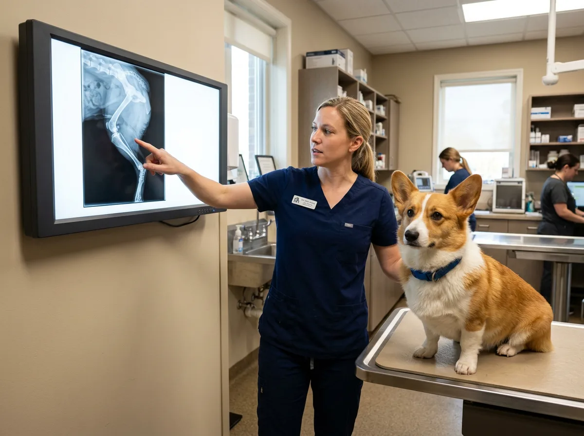 Veterinarian reviewing a leg X-ray while a Corgi waits on the exam table