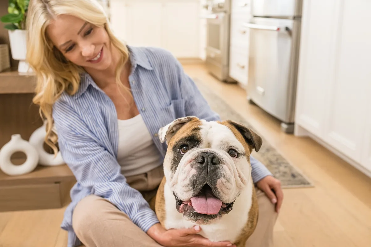 A woman petting a bulldog
