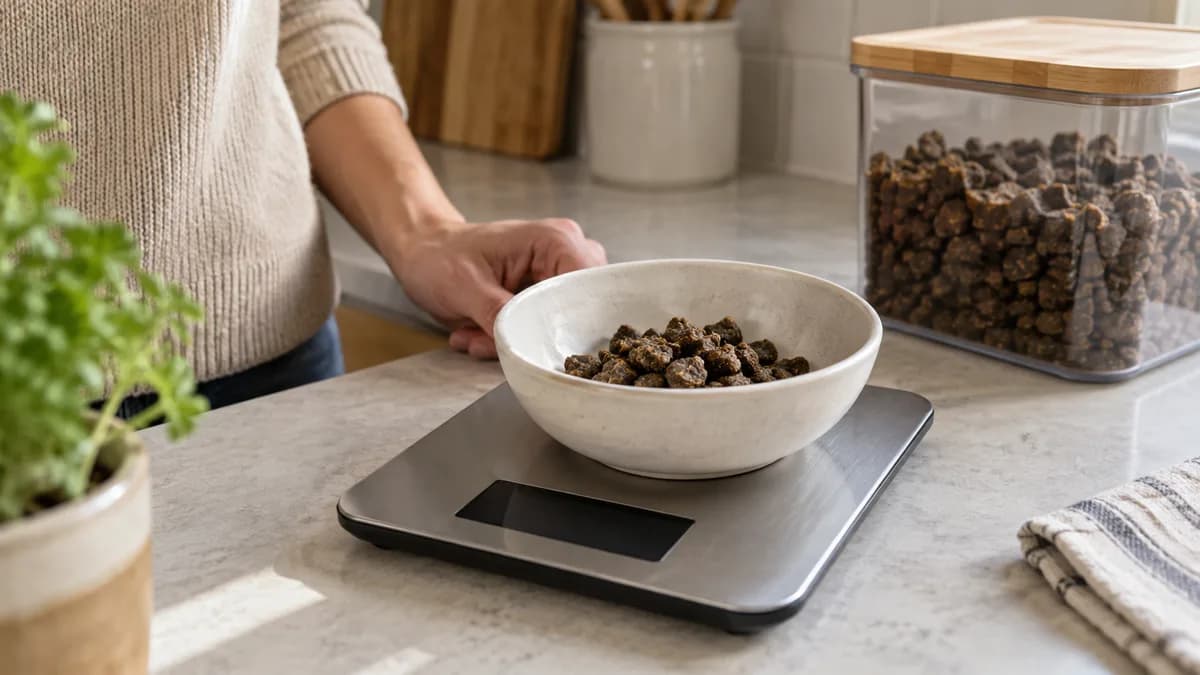 Bowl of concentrated dry dog food on a kitchen scale
