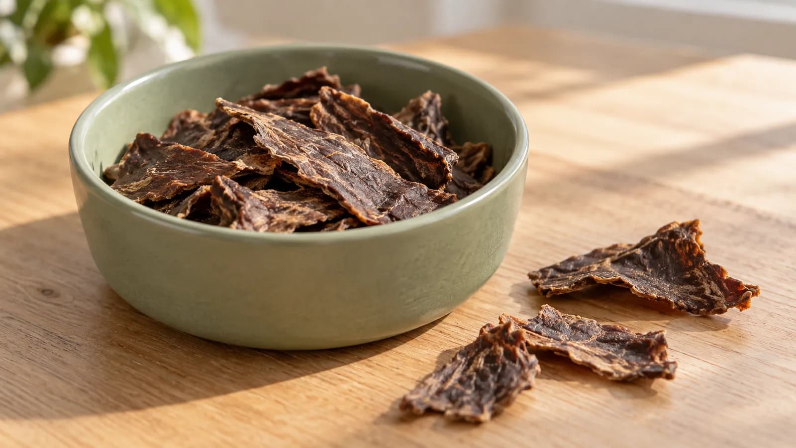 Bowl of representative air-dried dog food on a kitchen counter