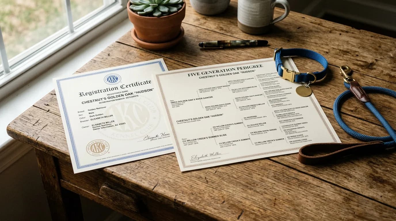 an AKC registration certificate and a multi-generation pedigree document laid out on a wooden desk beside a puppy's collar and leash
