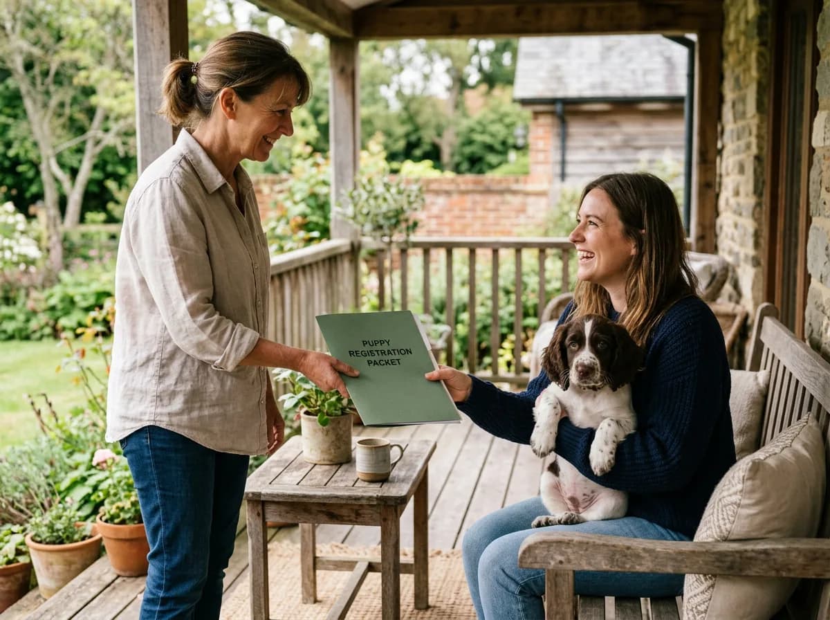 a breeder handing a folder of registration paperwork to a smiling new owner holding a purebred puppy on a porch