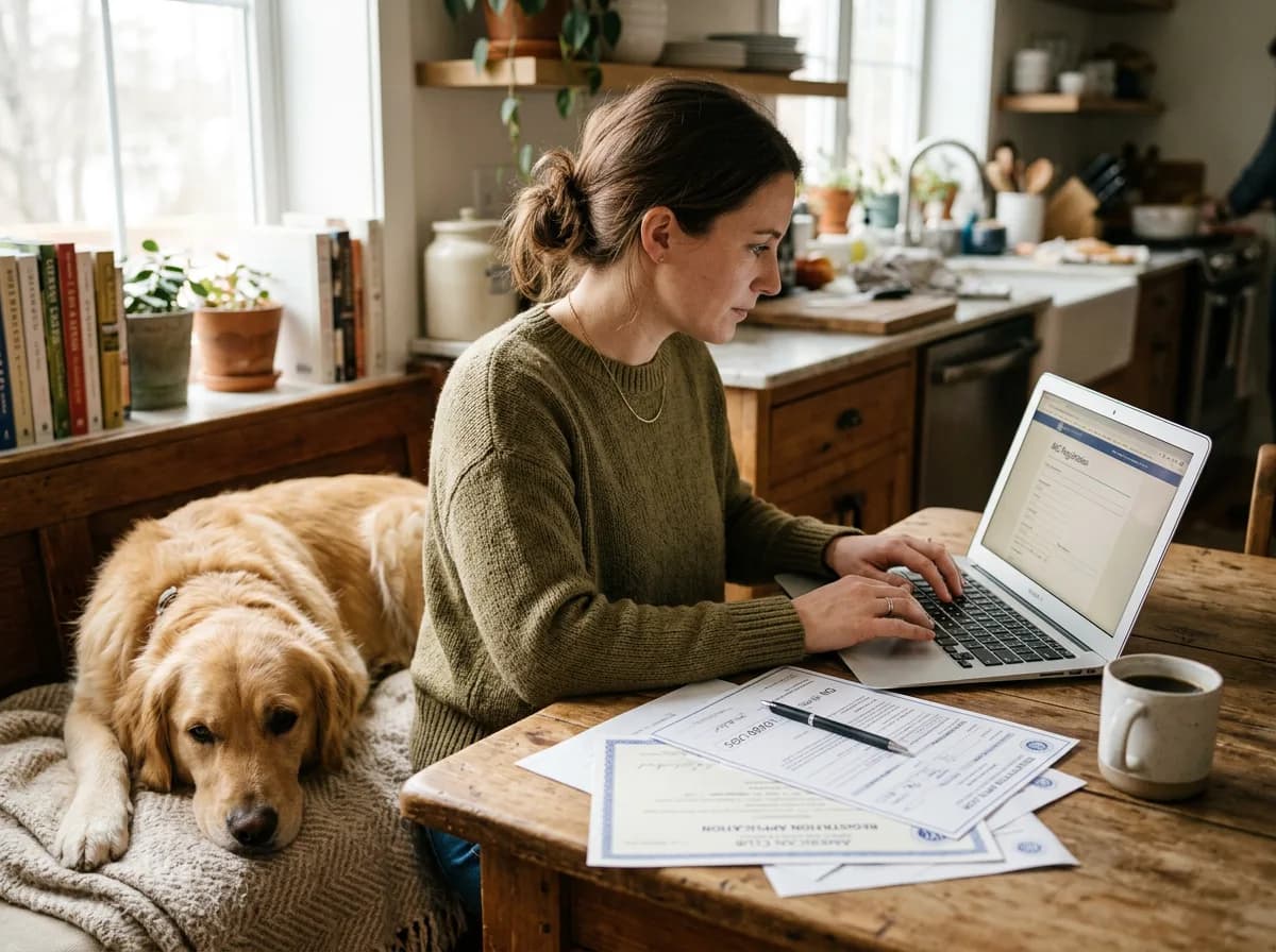 a person at a kitchen table entering an AKC registration number into a laptop, with a purebred dog resting nearby and paperwork spread out