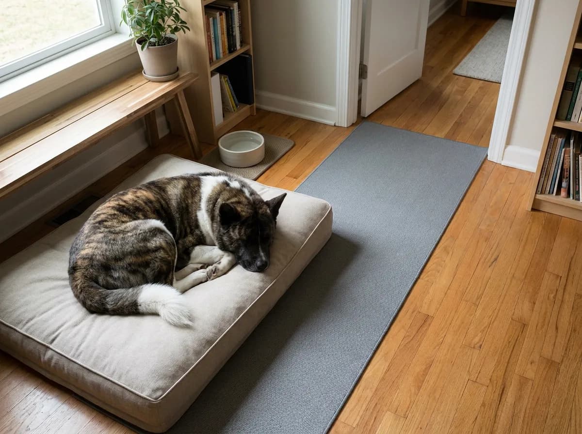 Mature Akita rests on a low bed beside a non-slip route and nearby water.