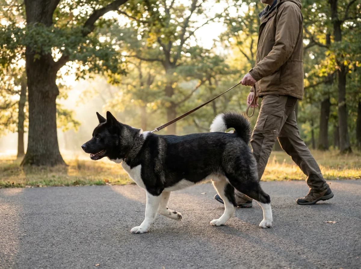 Mature Akita and caregiver walk at a relaxed pace on an even park path.