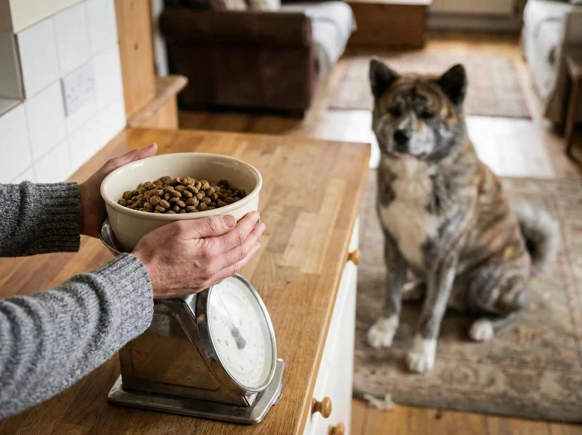 An owner prepares a measured meal beside a kitchen scale.