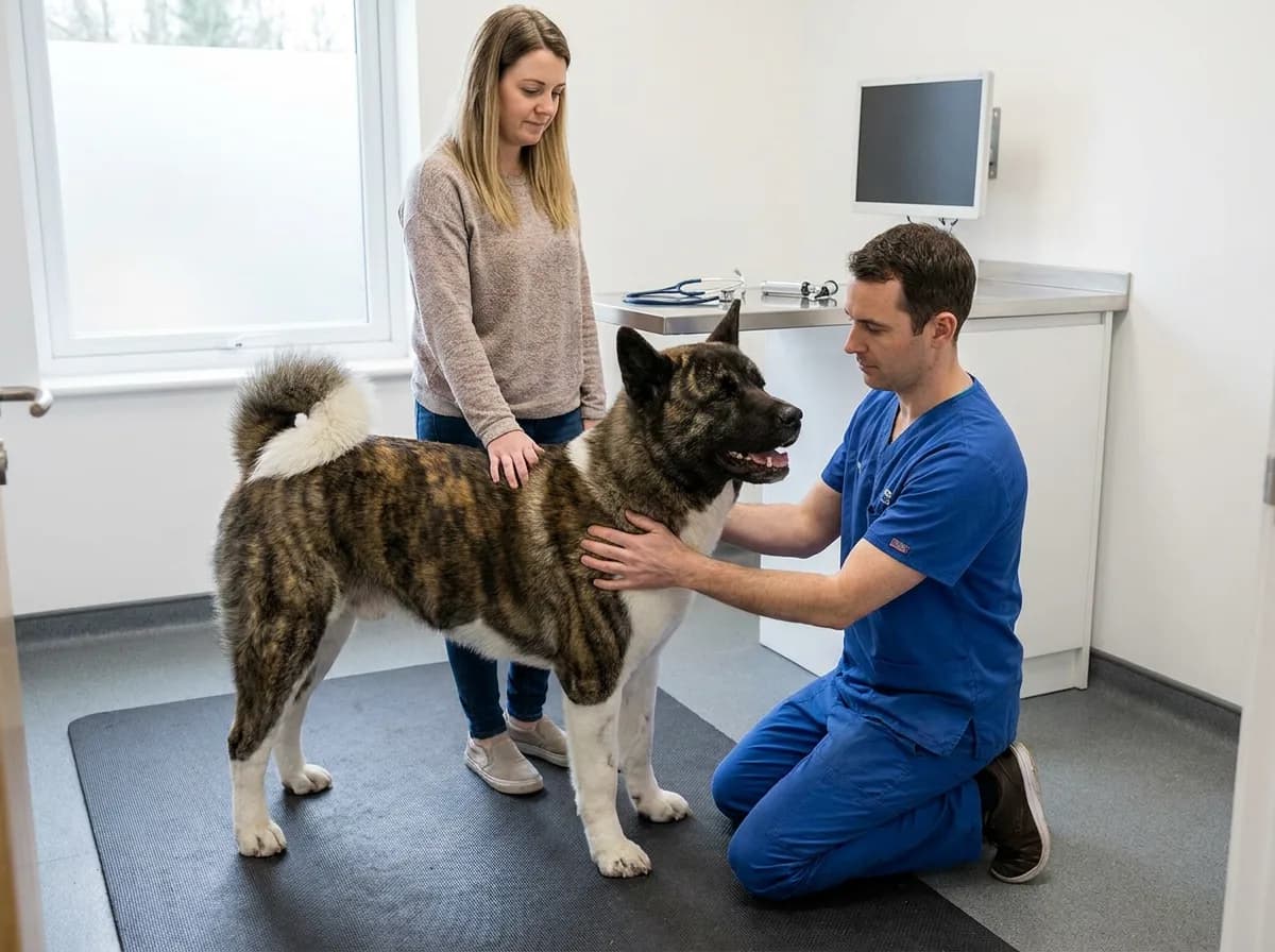 Veterinarian gently examines a calm adult Akita standing on a non-slip floor mat.