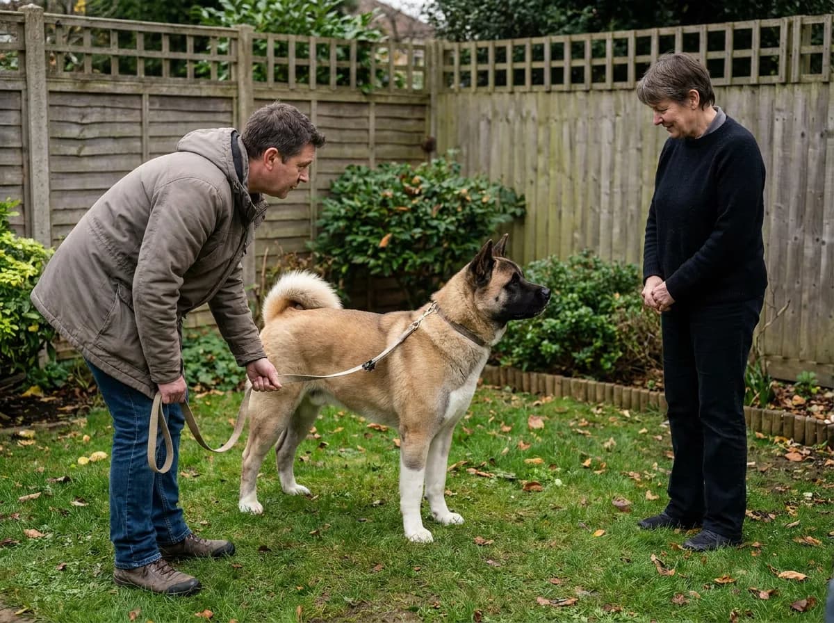 Fawn Akita on a lead meeting an adult in a fenced garden.