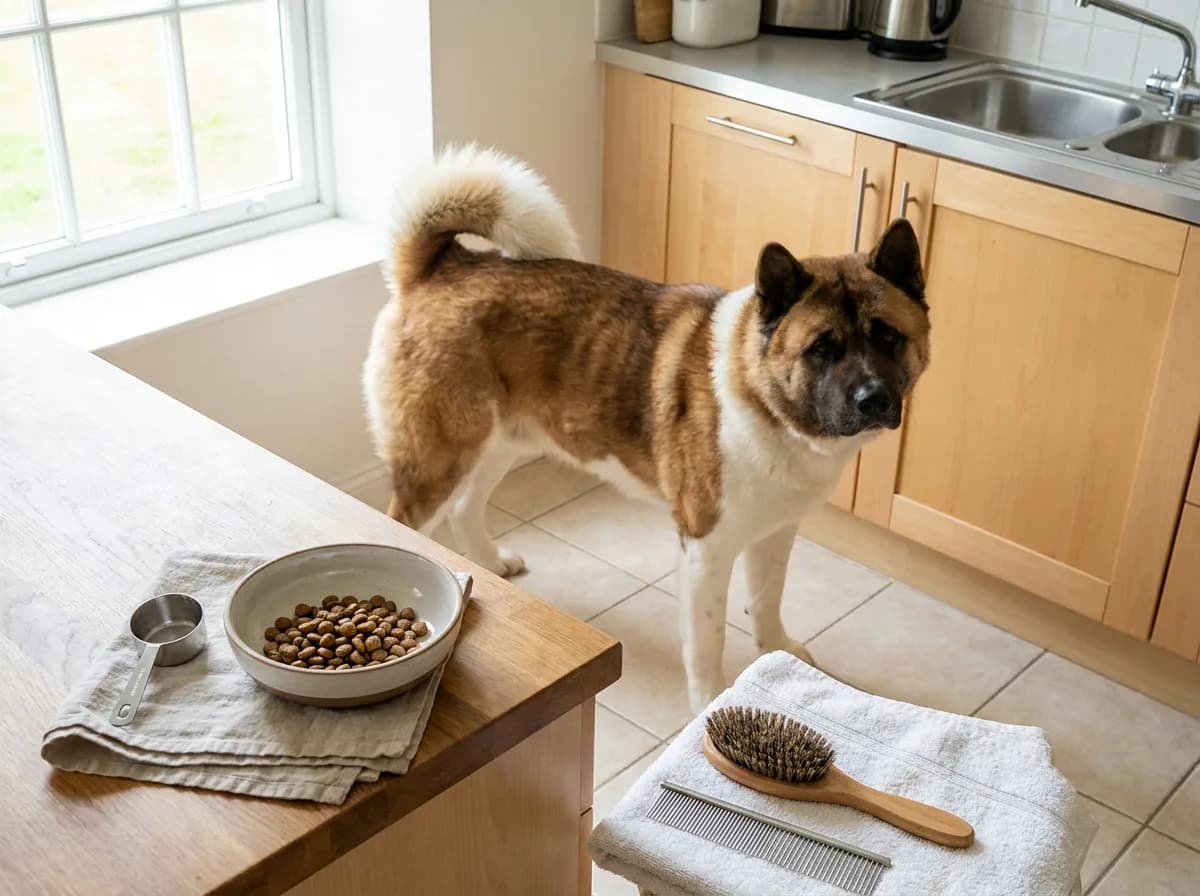 Akita beside food-portioning supplies and grooming tools in a kitchen.