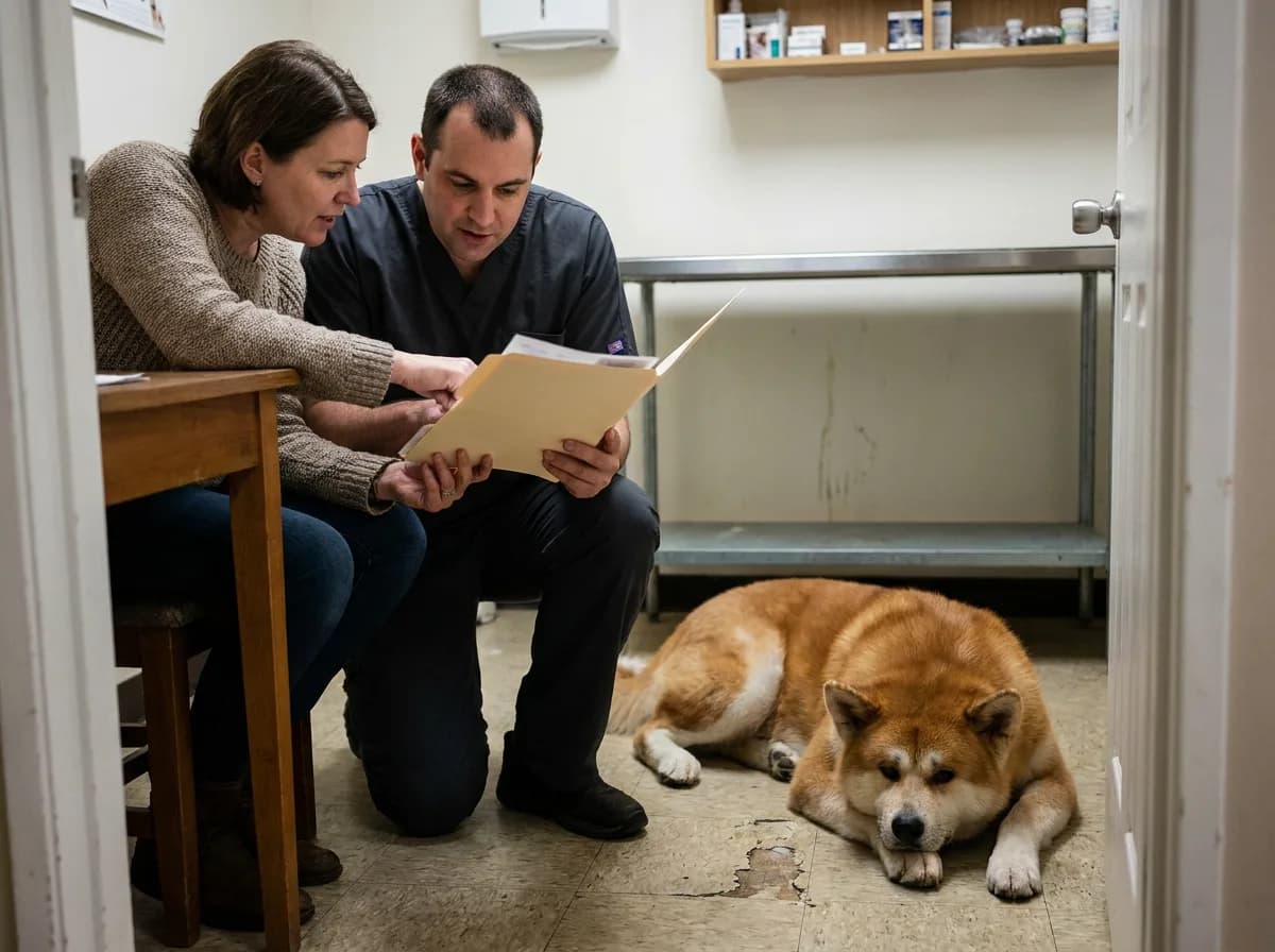 Two adults reviewing a folder beside a resting Akita.