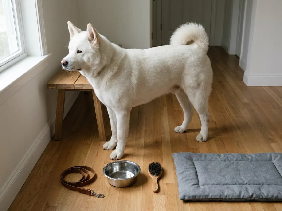 White Akita beside a lead, bowl, brush and resting mat.