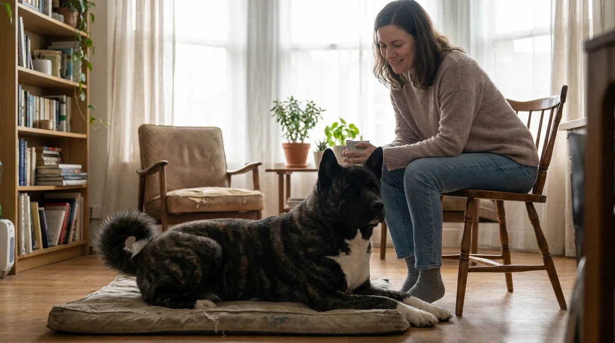 Brindle Akita resting on a mat beside a seated adult.