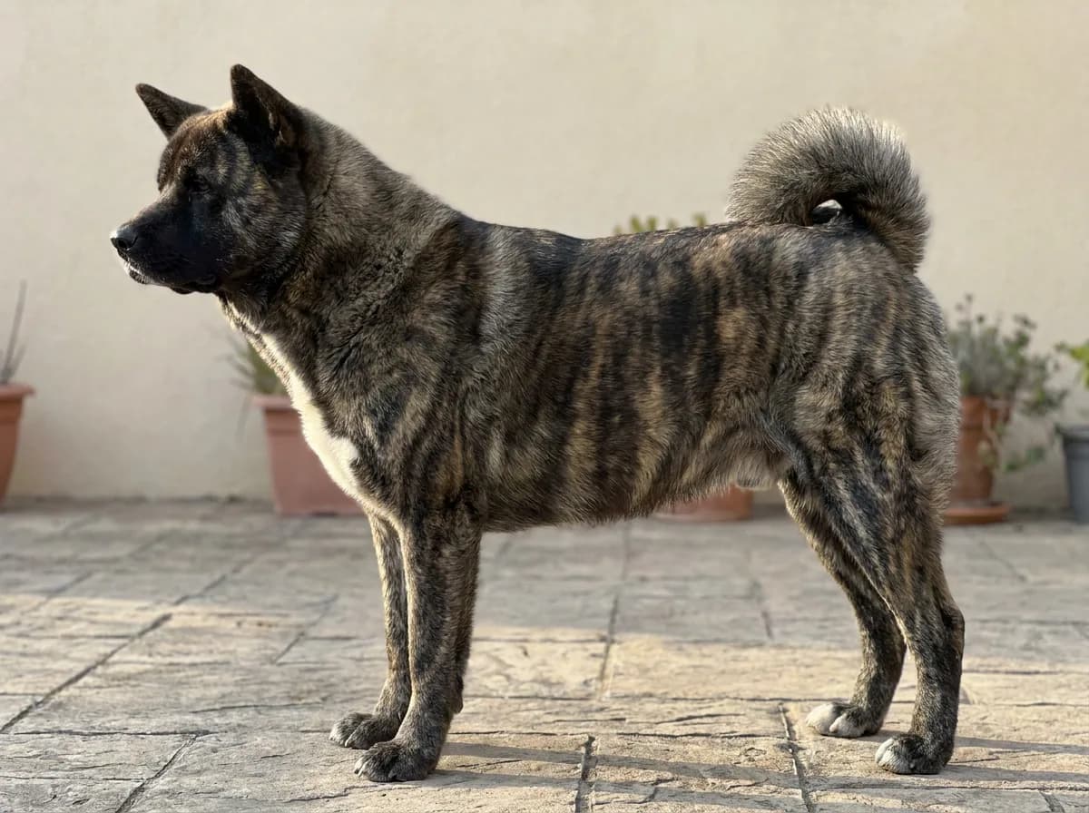 Brindle Akita standing in side profile on a patio.