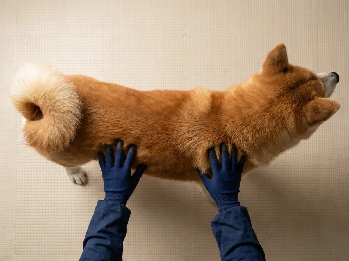Overhead view of a red Akita with hands resting gently against its sides.