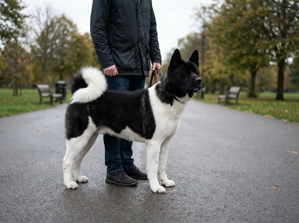 Black-and-white Akita standing beside an adult handler on a park path.