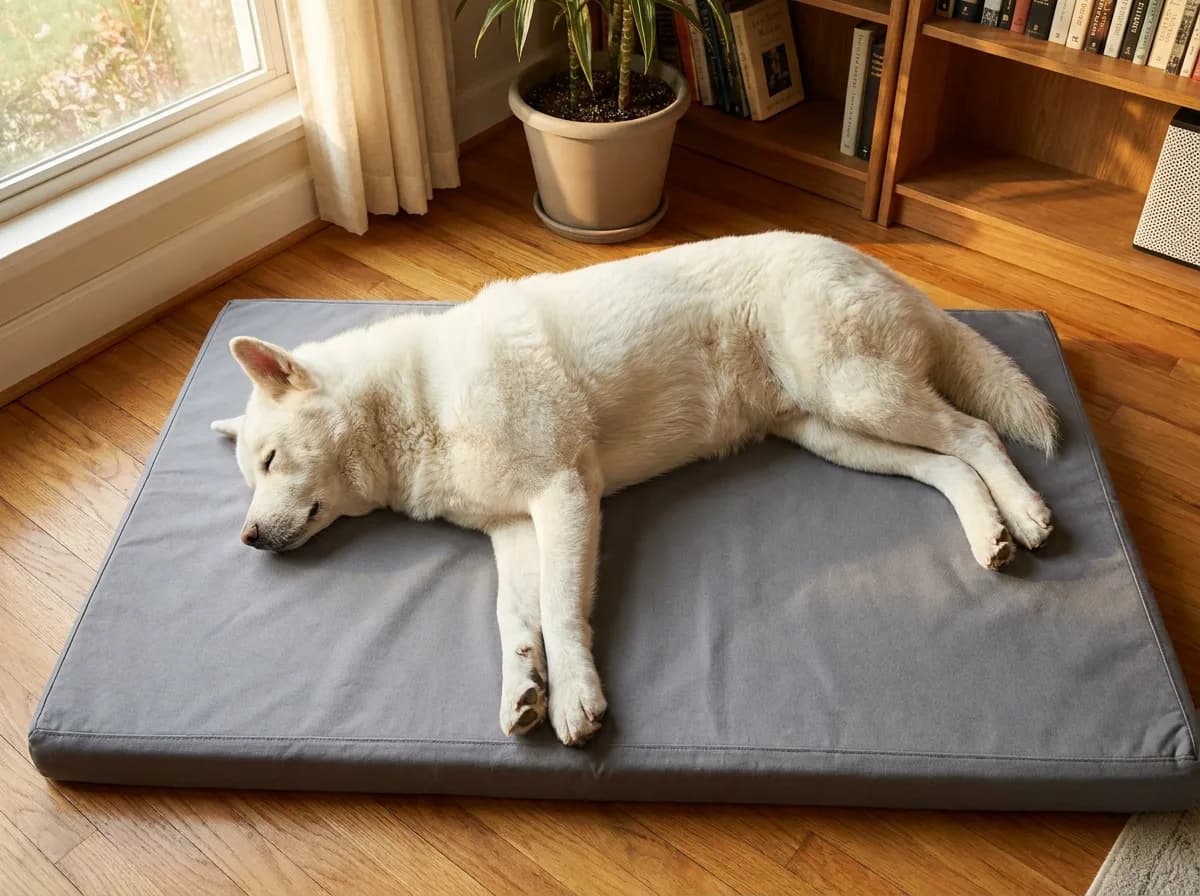 White Akita stretched on its side on a rectangular mat.