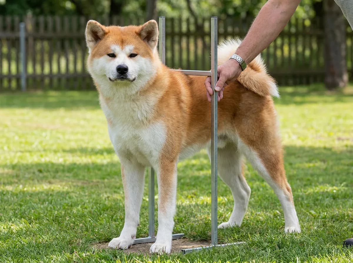Akita standing inside a measuring wicket with a crossbar at shoulder height.