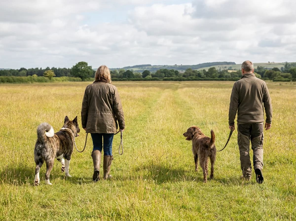 Akita and another dog walk with separate handlers at a comfortable distance.