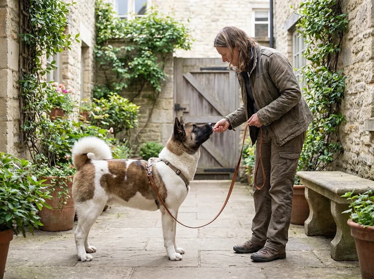 Handler rewards an Akita's voluntary attention while the lead remains loose.