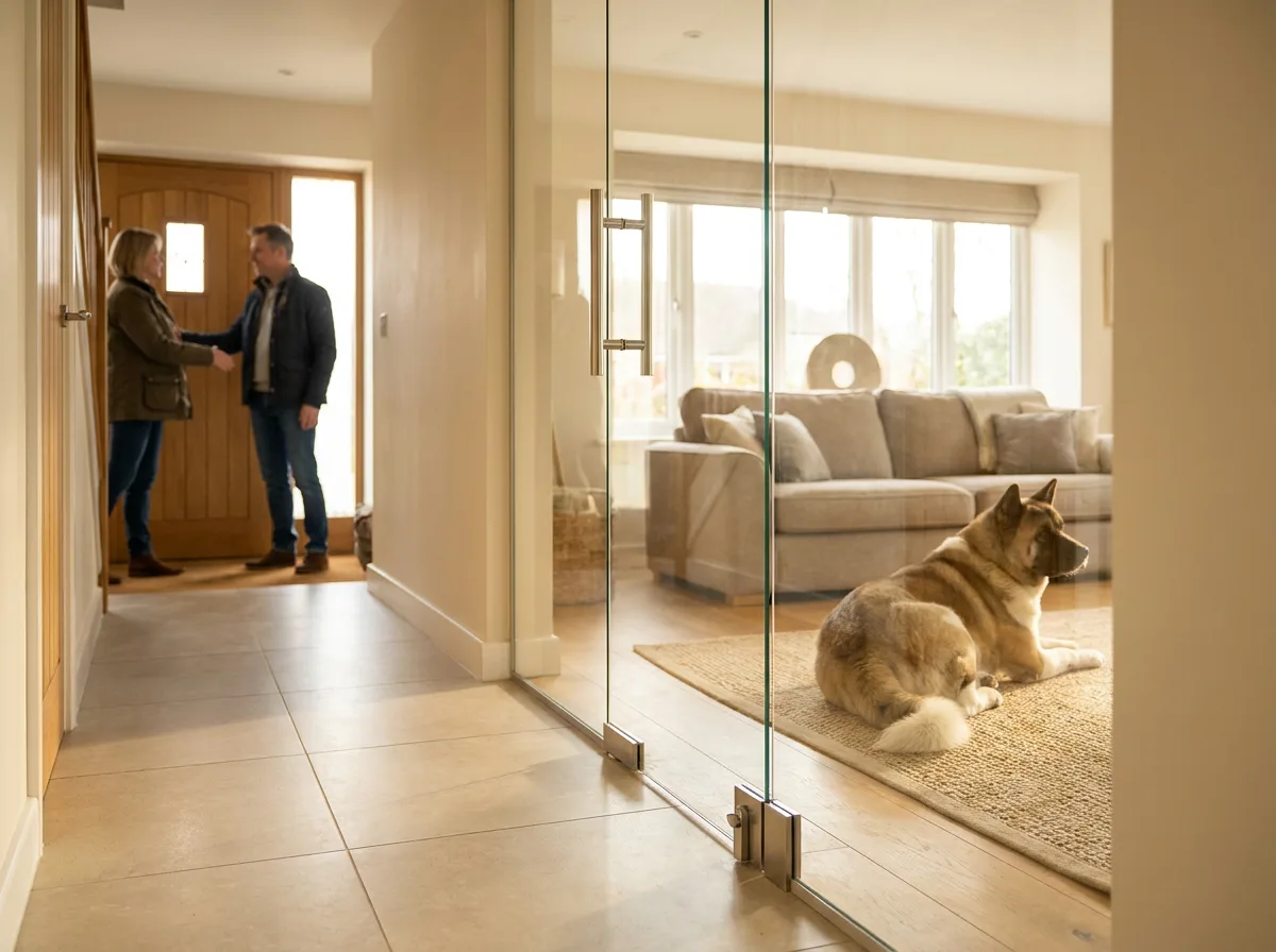 Akita rests behind secure interior separation while an adult admits a visitor through a distinct hallway route.