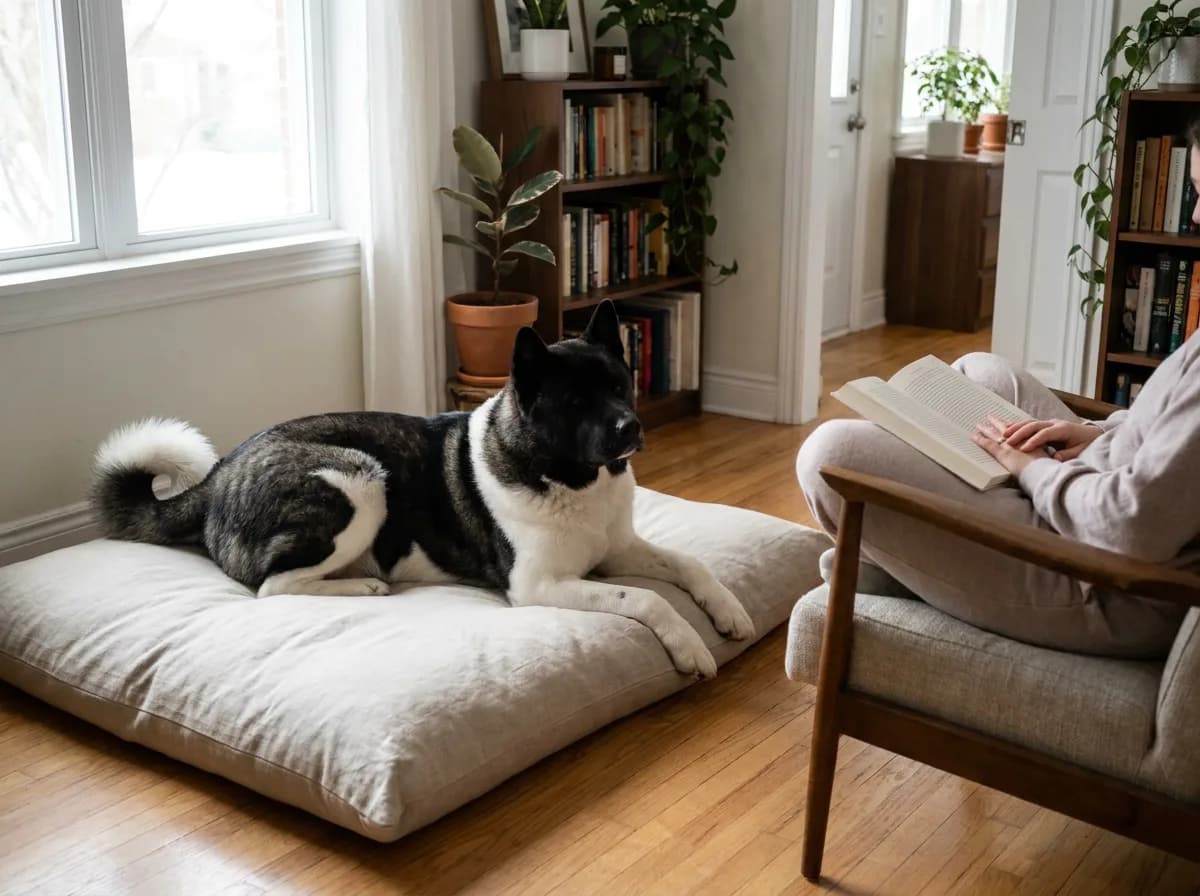 Akita rests near a seated person with open space to move away and no forced contact.