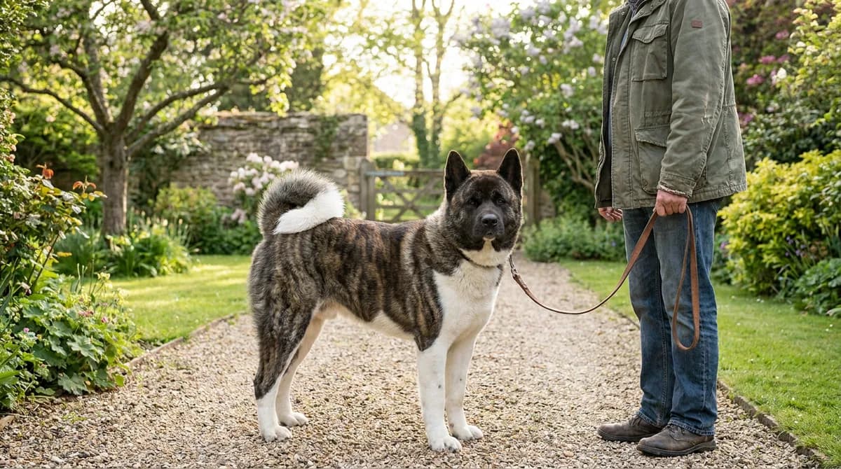 Relaxed adult Akita beside an adult handler on a garden path.