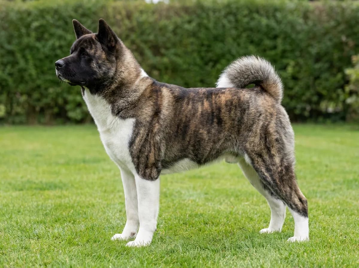 Brindle-and-white American Akita standing in side profile on grass.