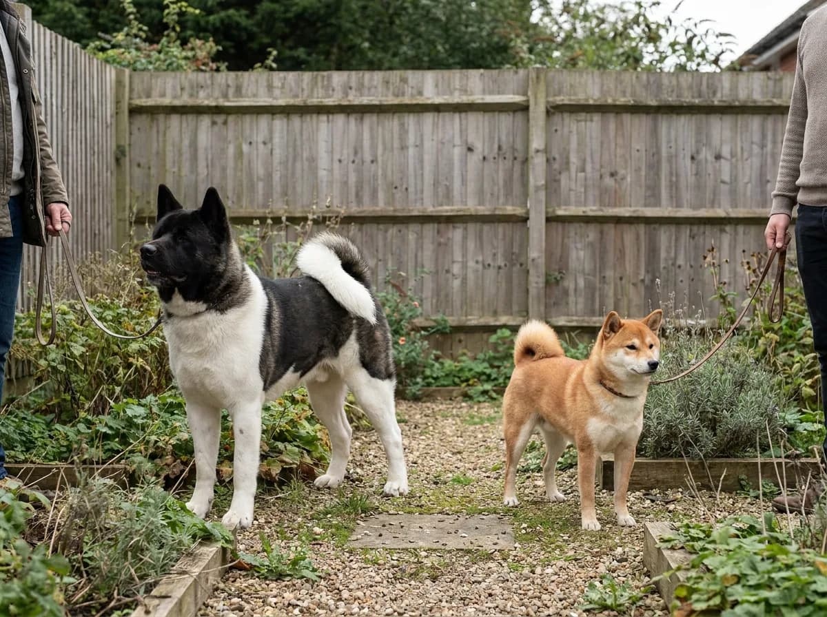 Black-and-white American Akita and red Shiba Inu standing apart in a fenced garden.