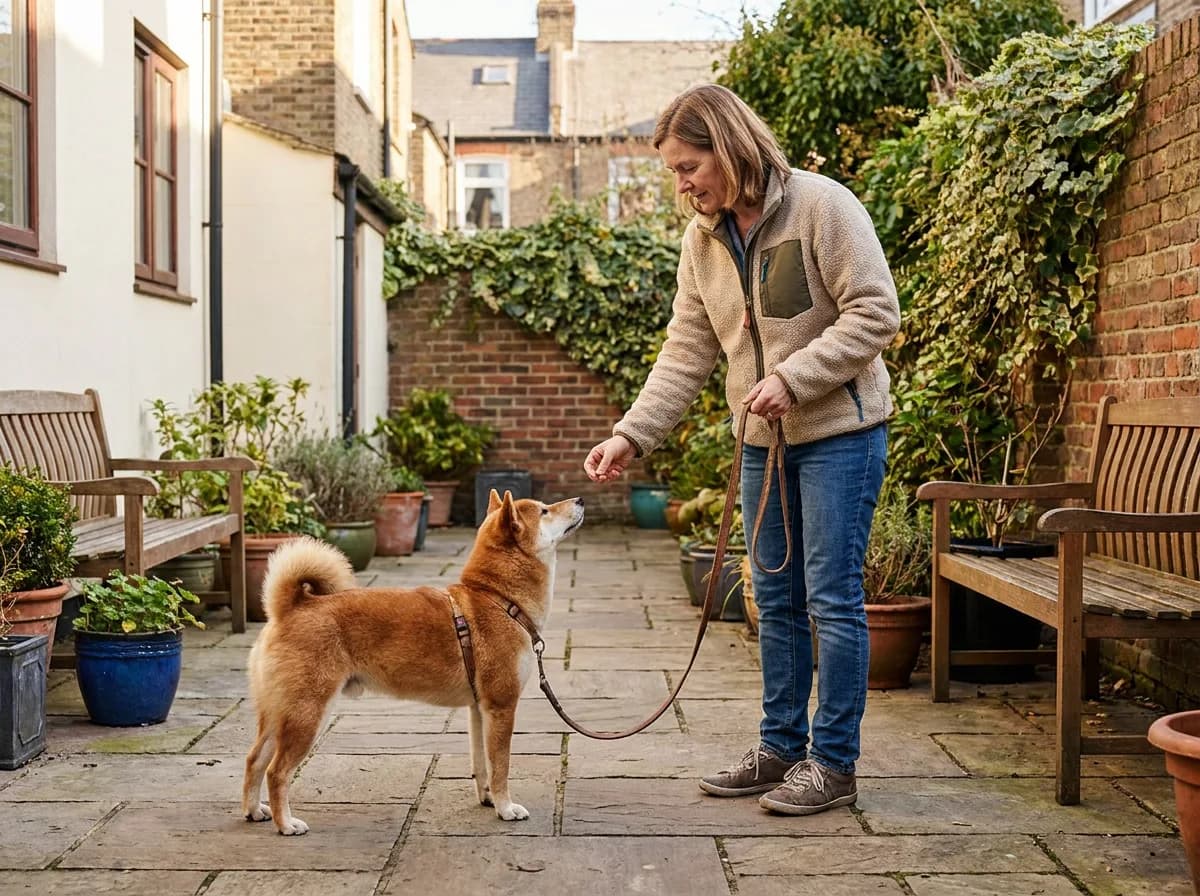Handler offering a reward to a Shiba Inu on a loose lead in a courtyard.