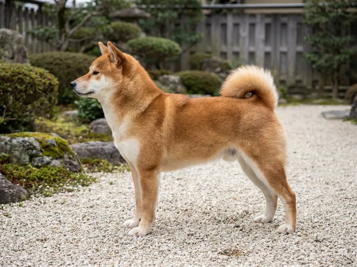 Red Shiba Inu standing in side profile on a gravel path.