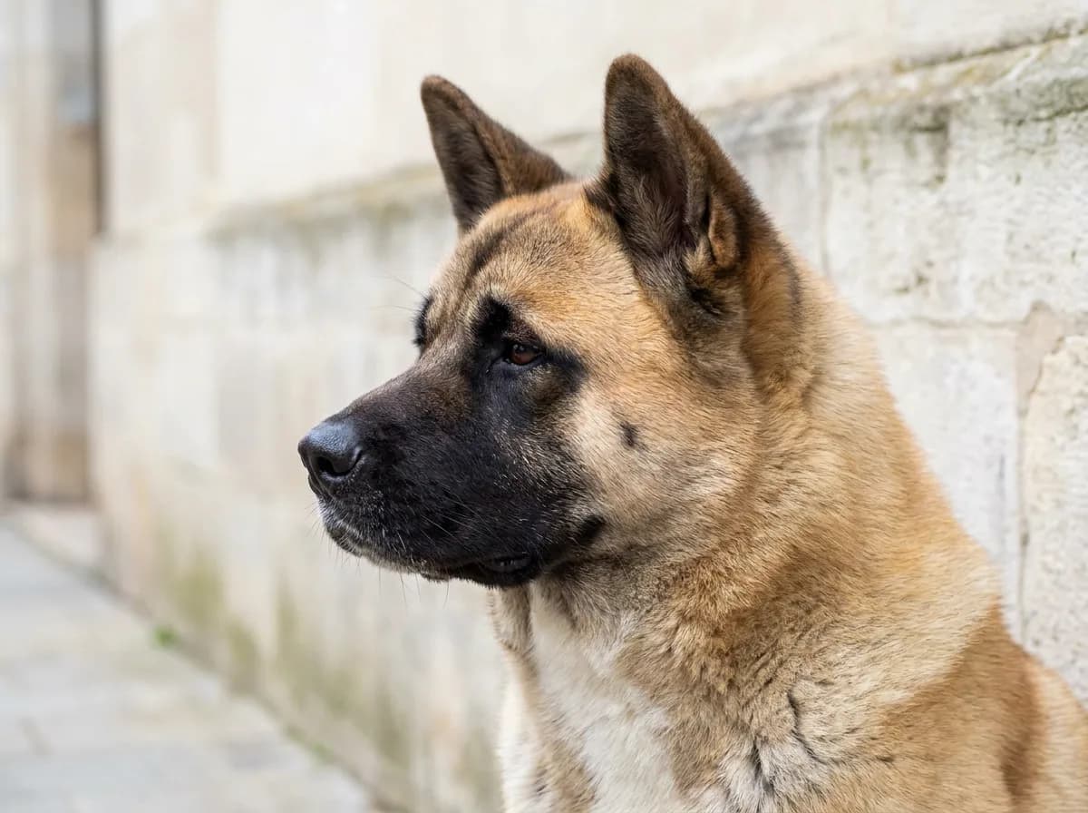Profile of a fawn American Akita with a black mask and broad head.
