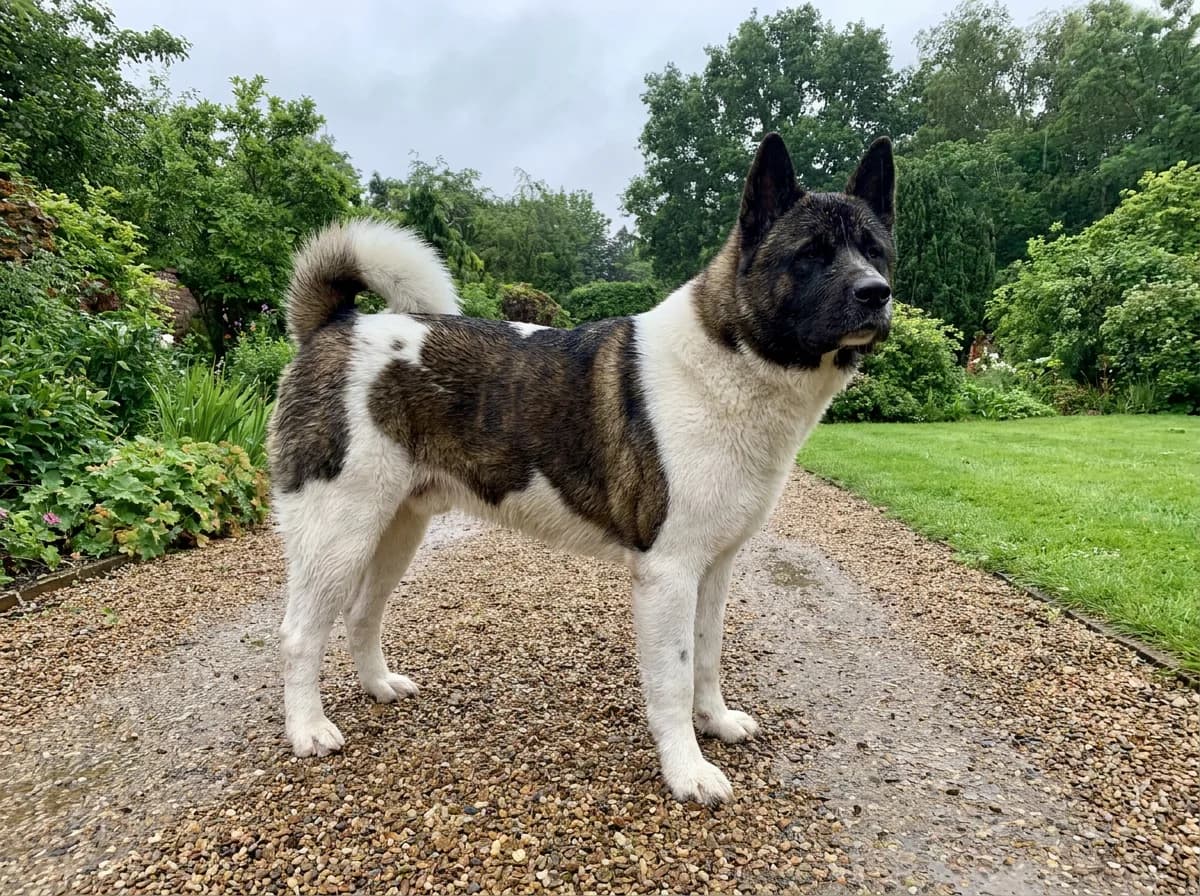 American Akita with large dark pinto patches on a white coat.