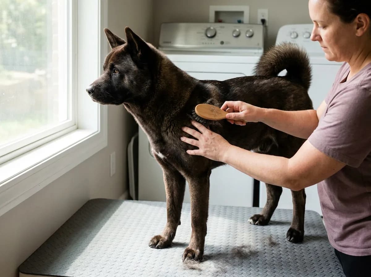 An adult gently brushing an American Akita standing on a nonslip mat.
