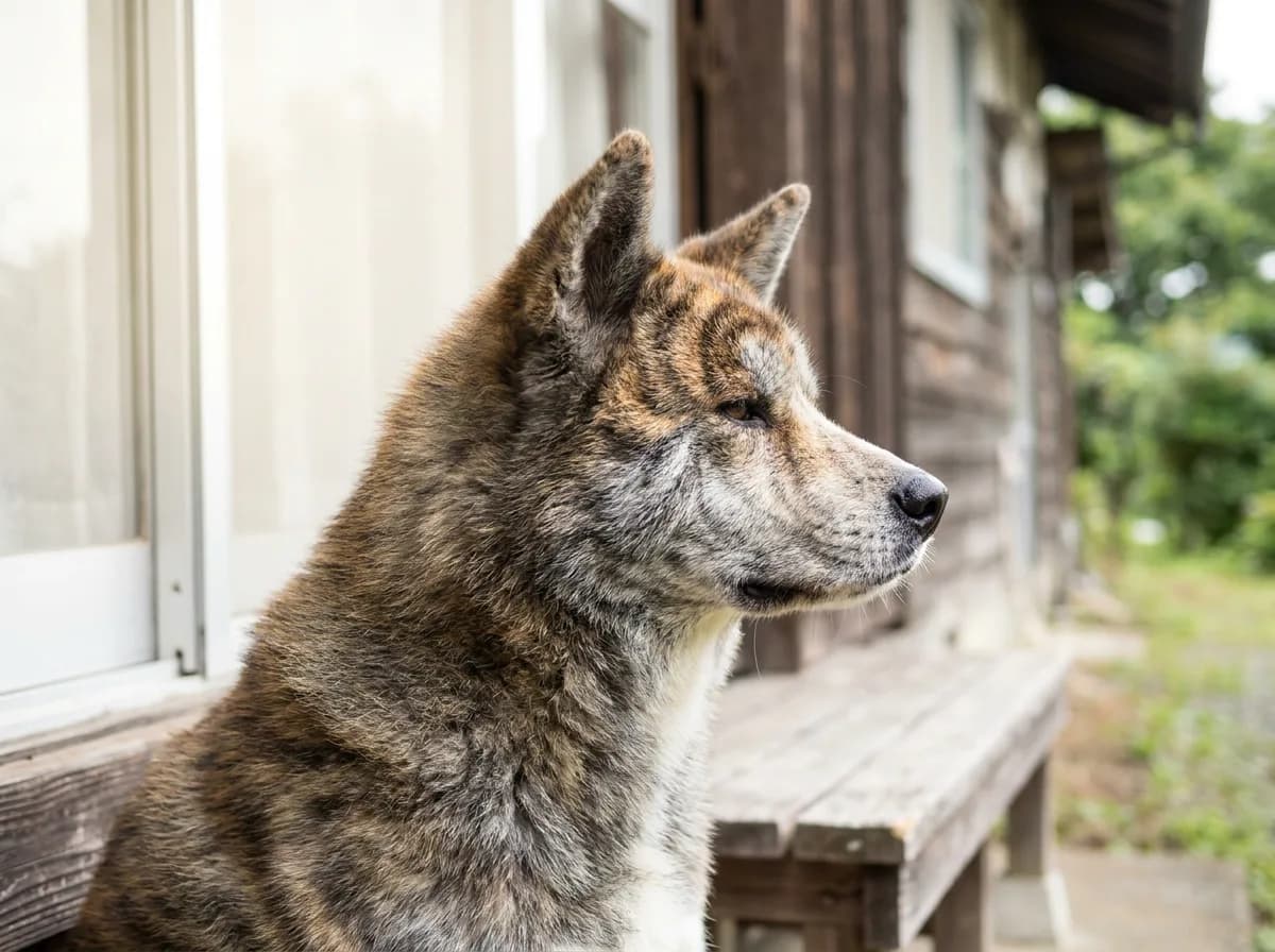 Profile of a brindle Japanese Akitainu with pale cheeks and erect ears.