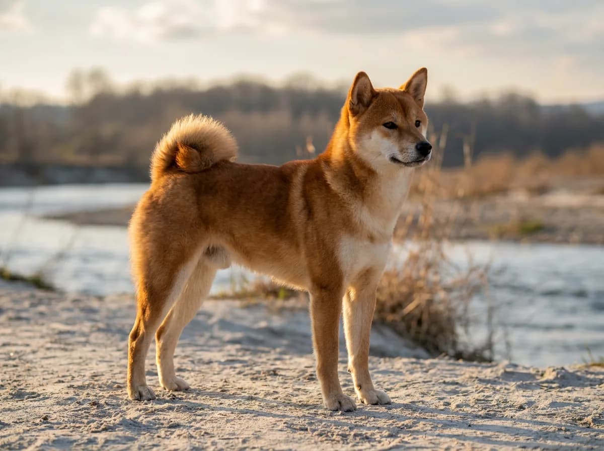 Red Japanese Akitainu standing beside a river with pale chest and underside markings.