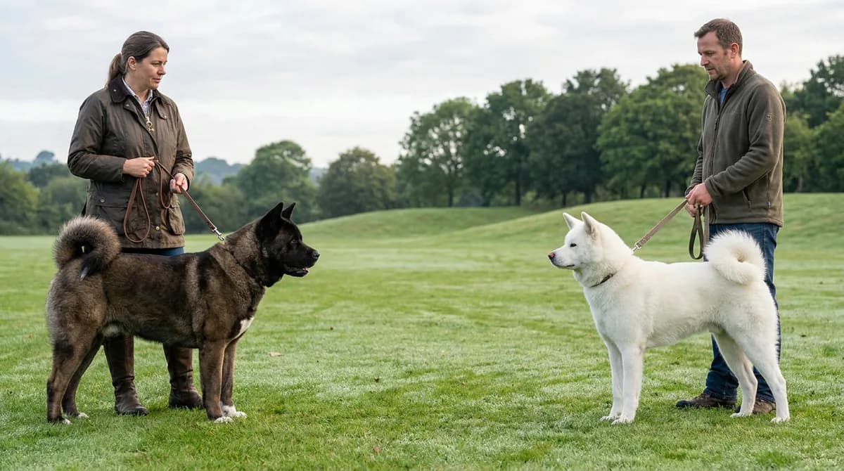American Akita and white Japanese Akitainu standing apart with separate adult handlers.