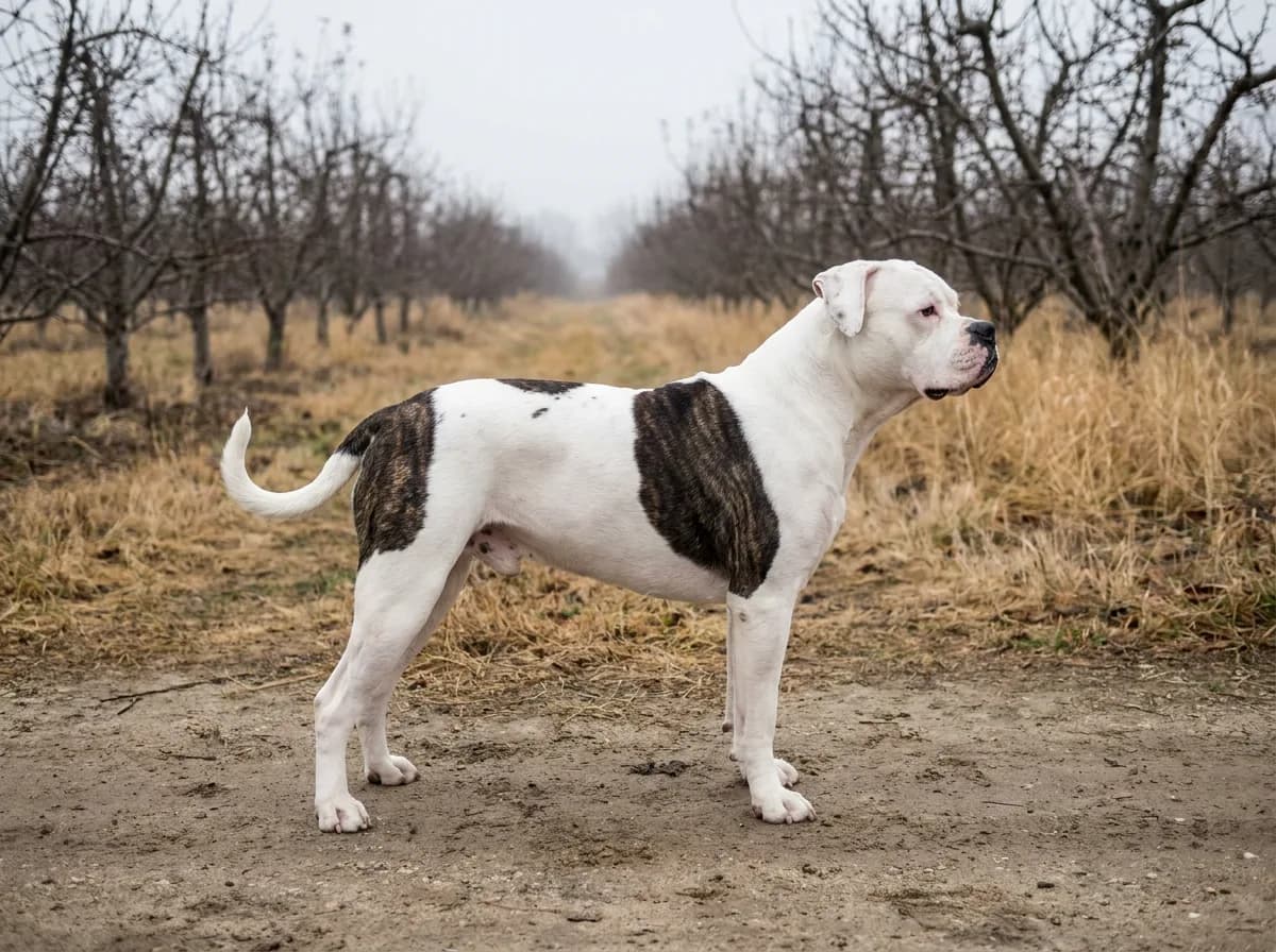 White American Bulldog with brindle patches standing beside an orchard