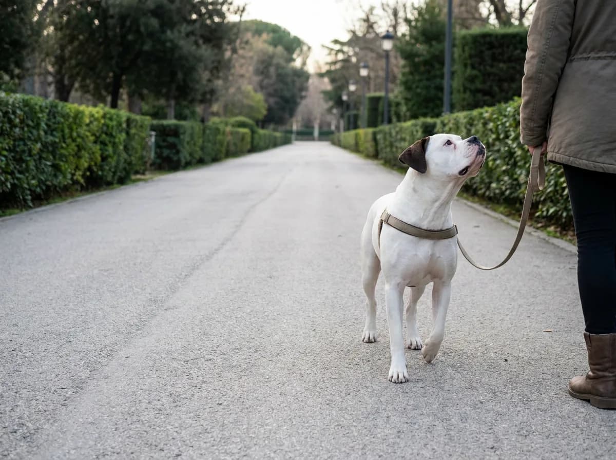 Leashed white American Bulldog looking up at a caregiver on a quiet lane