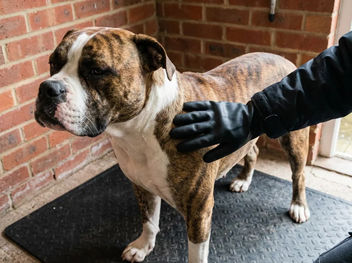 Caregiver using a grooming glove on a brindle-and-white American Bulldog