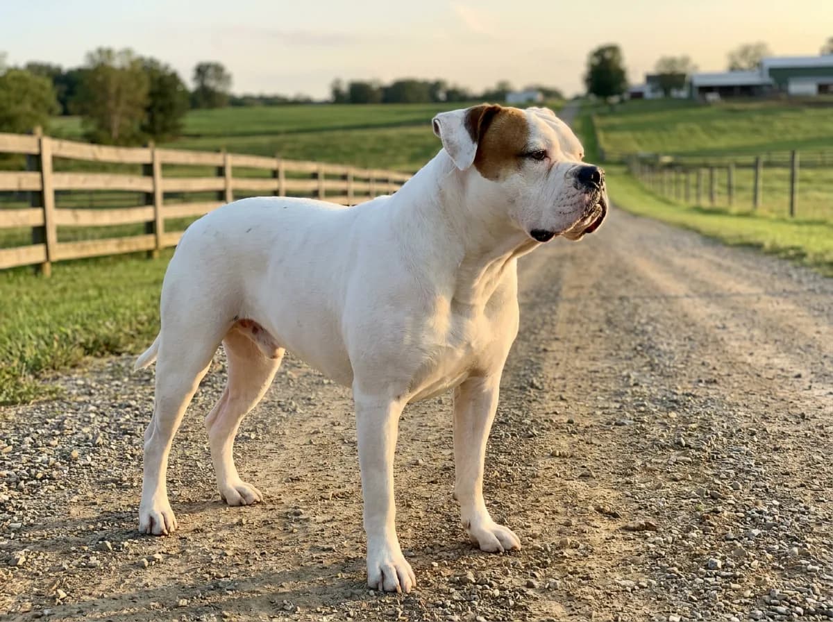 White-and-brown American Bulldog standing on a fenced farm lane