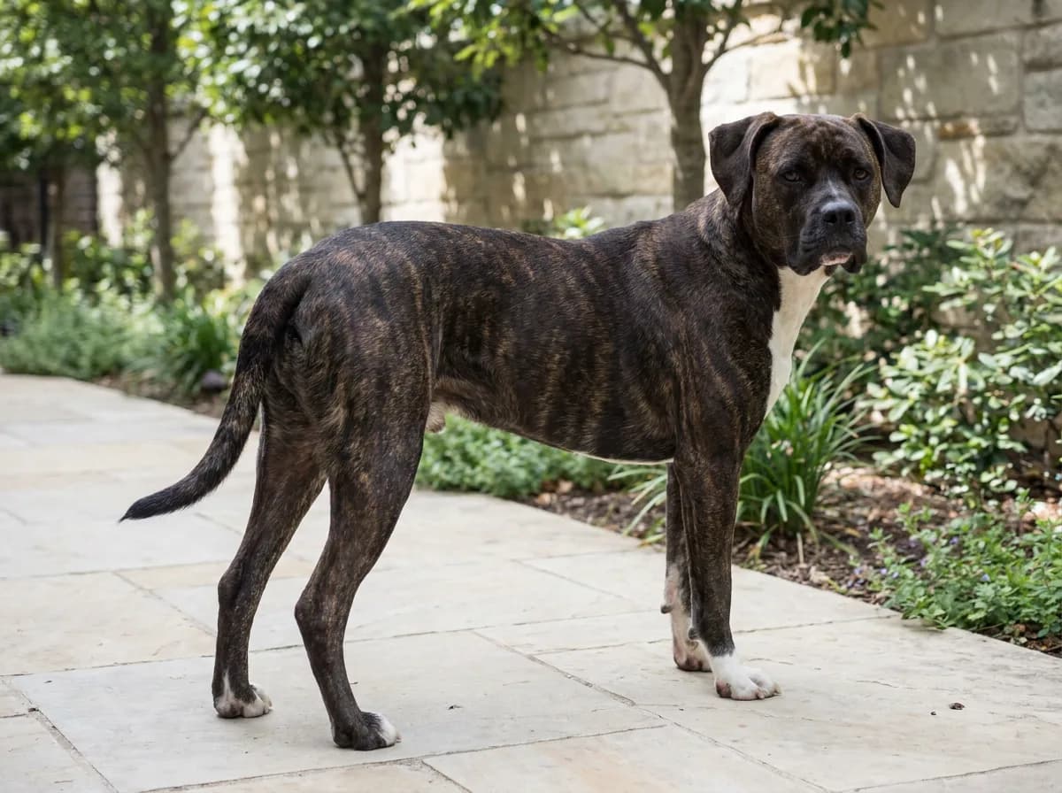 Brindle American Bulldog Boxer-type mixed dog standing in side profile on a paved garden path