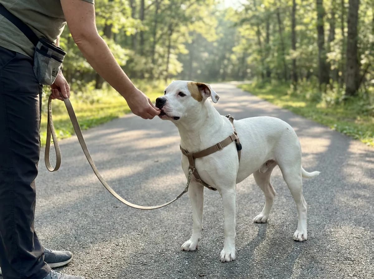 Caregiver rewarding a white mixed dog wearing a harness on a woodland path