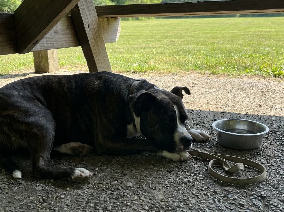 Brindle mixed dog resting in shade beside a water bowl