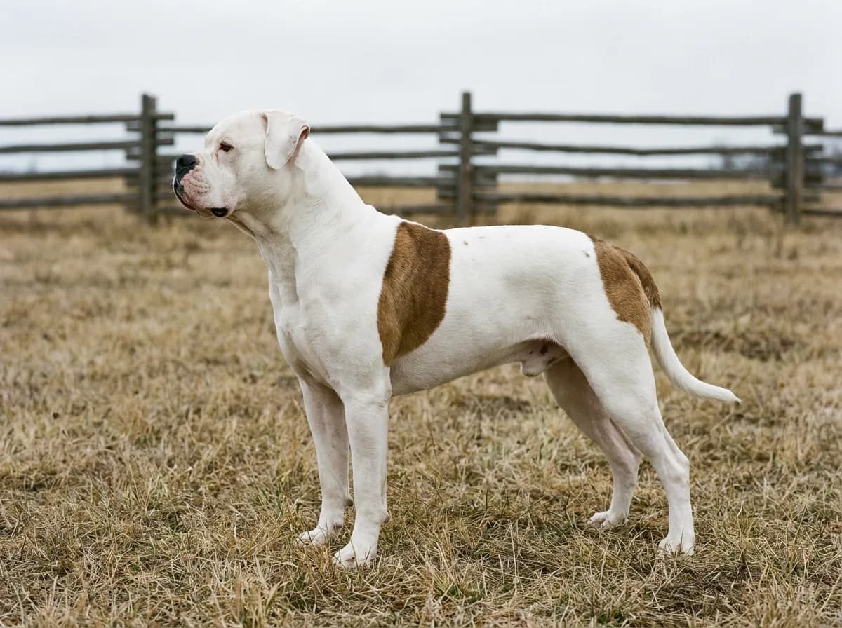 White-and-brown American Bulldog standing in side profile beside a rustic fence