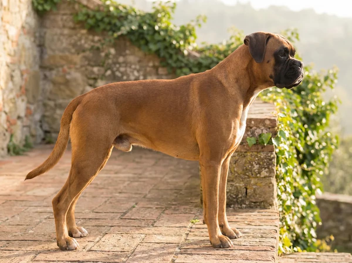 Fawn Boxer with a dark muzzle standing in side profile on a brick terrace