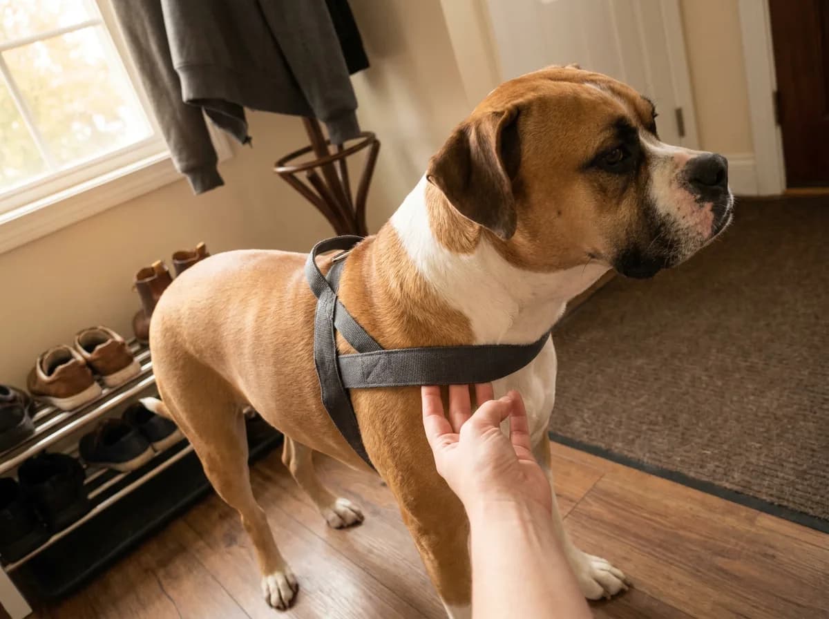 Caregiver checking a harness strap on a tan-and-white mixed dog in an entryway